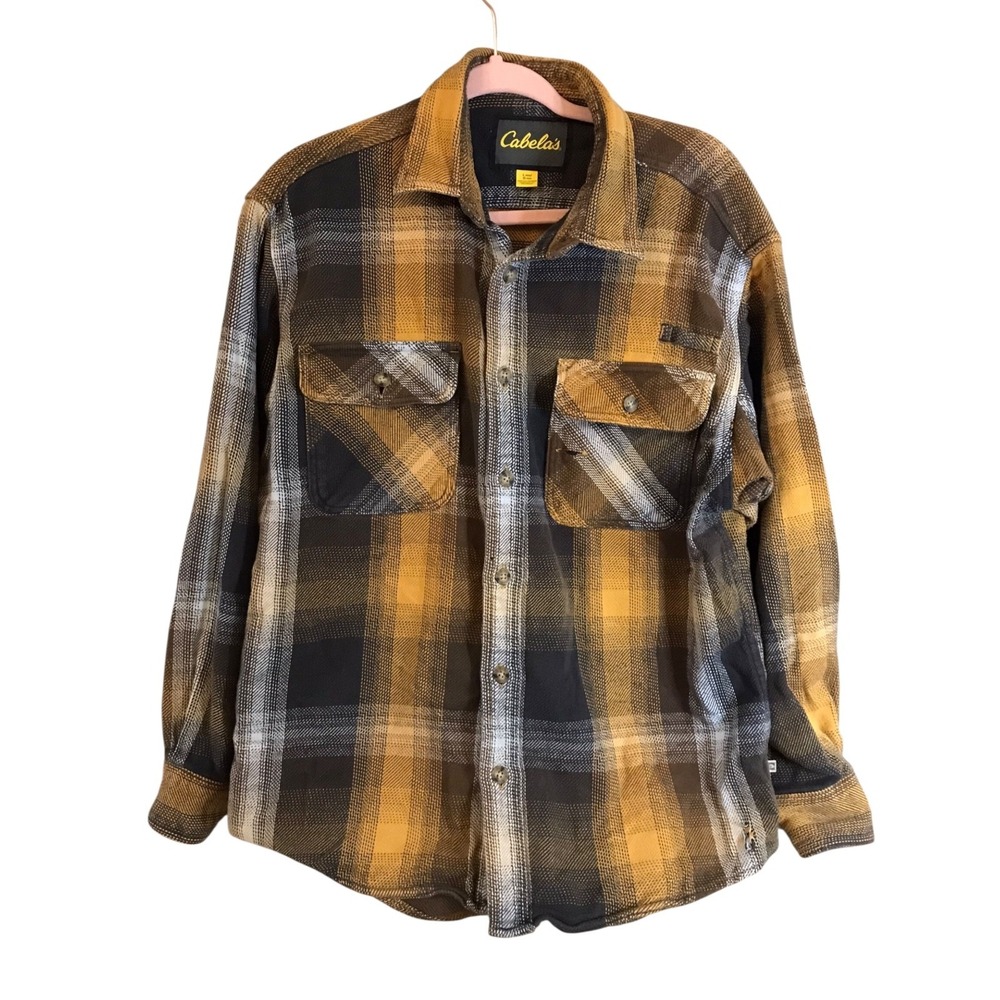Mens Cabela's Shirt Large Brown‎ Yellow Plaid Logger Flannel Hiking Camping Fish